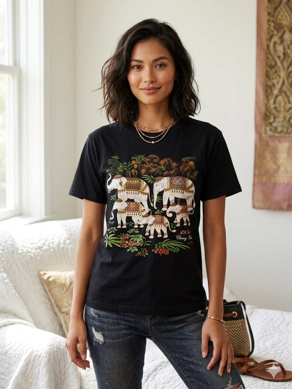 Black Women's Graphic Blouse with Decorative Elephant Print